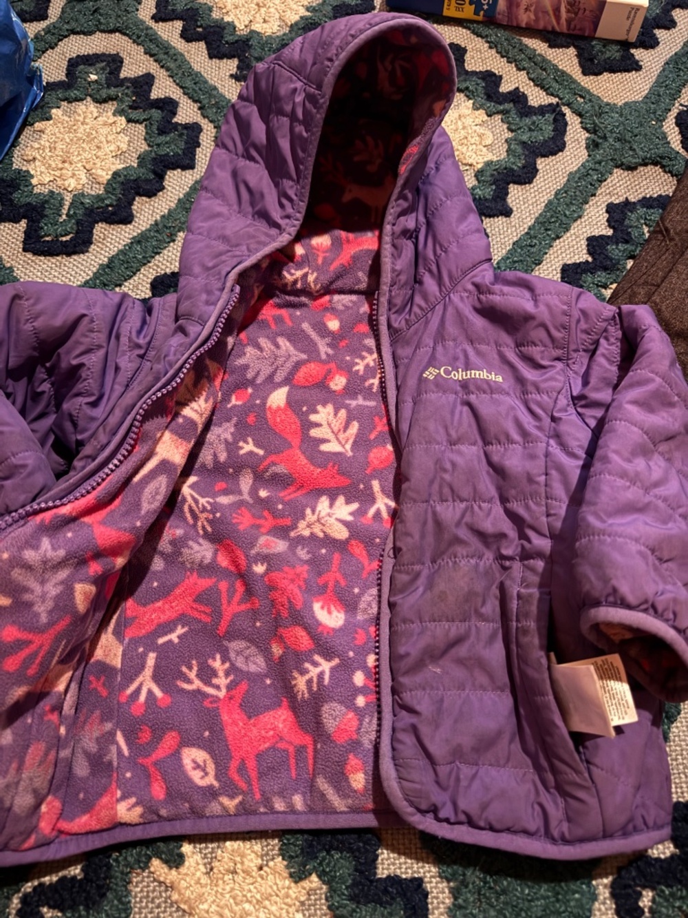 Columbia Girls' Purple Hooded Puffer Jacket with Fleece Lining size 3T